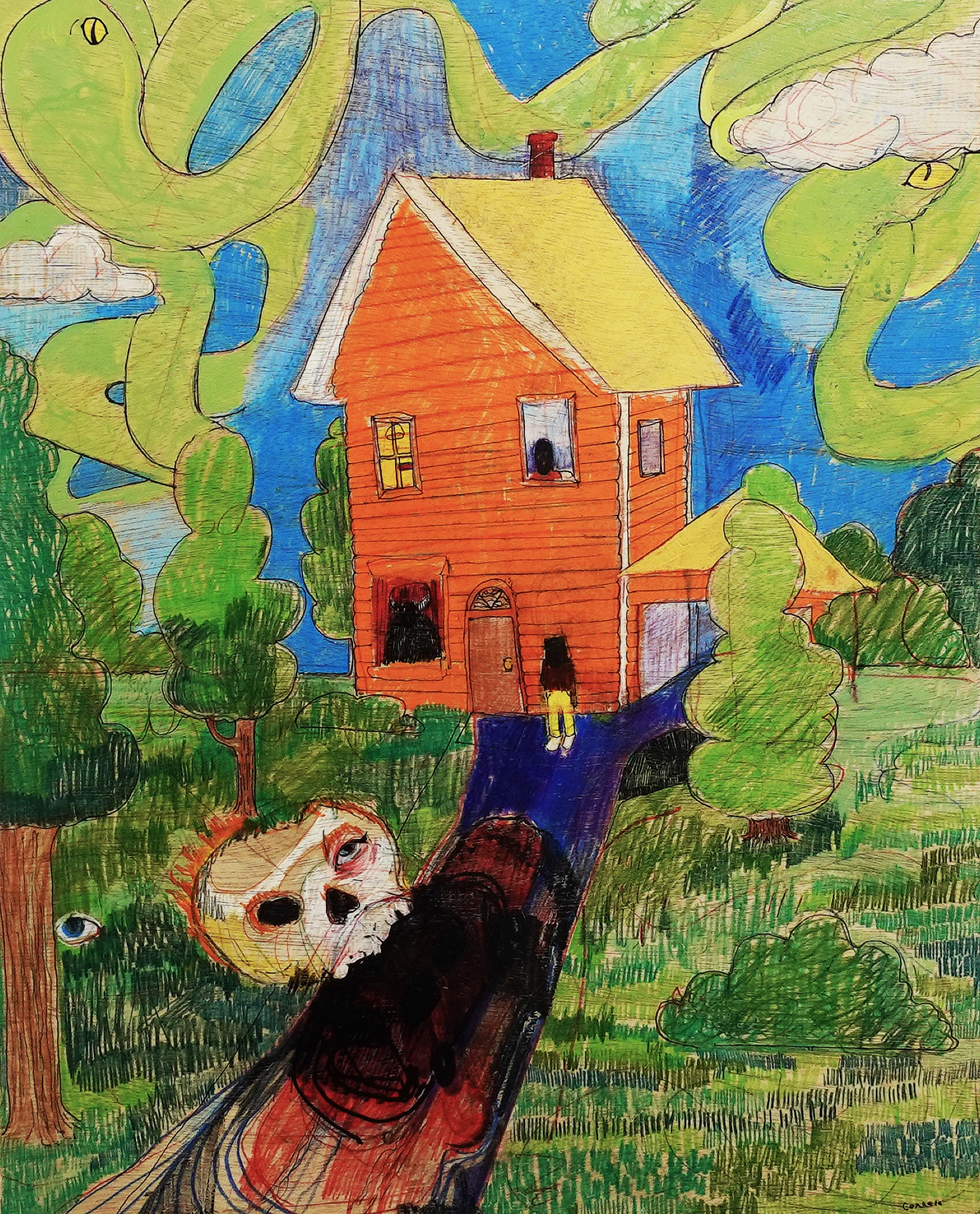Figure outside a red house in a vivid landscape