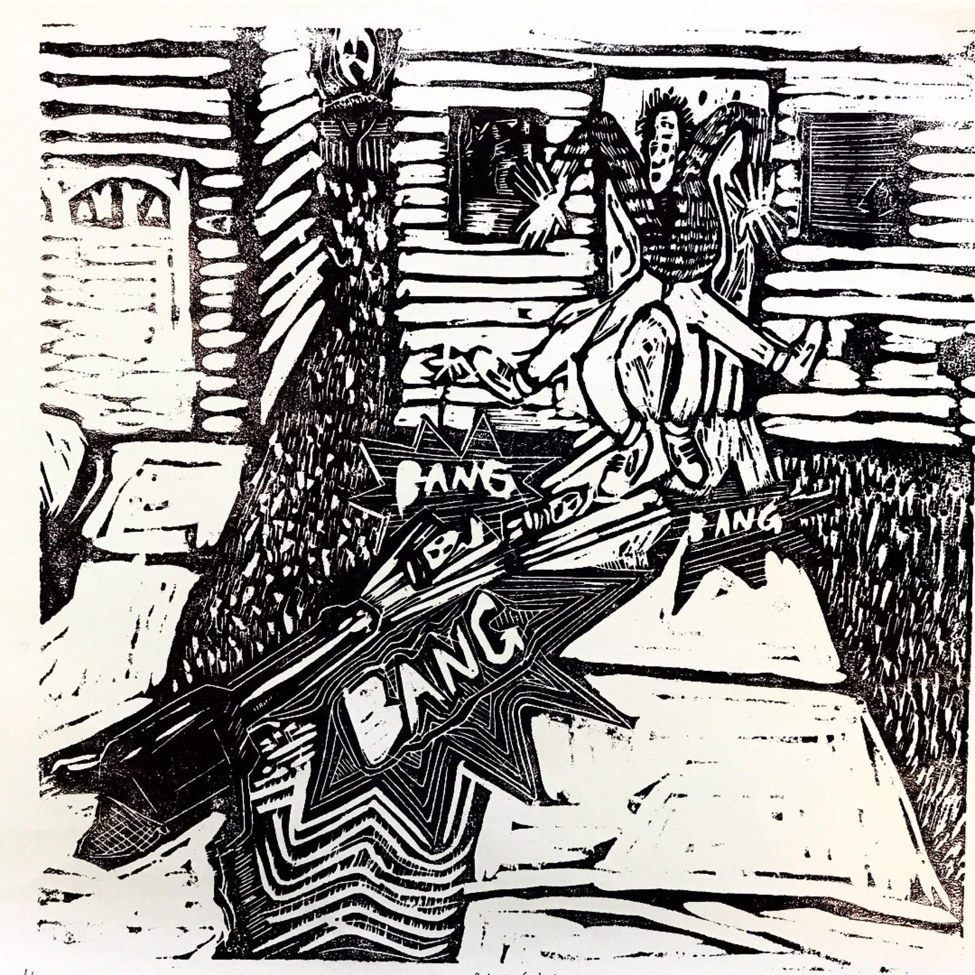 Black ink scene with figures and expressive lettering