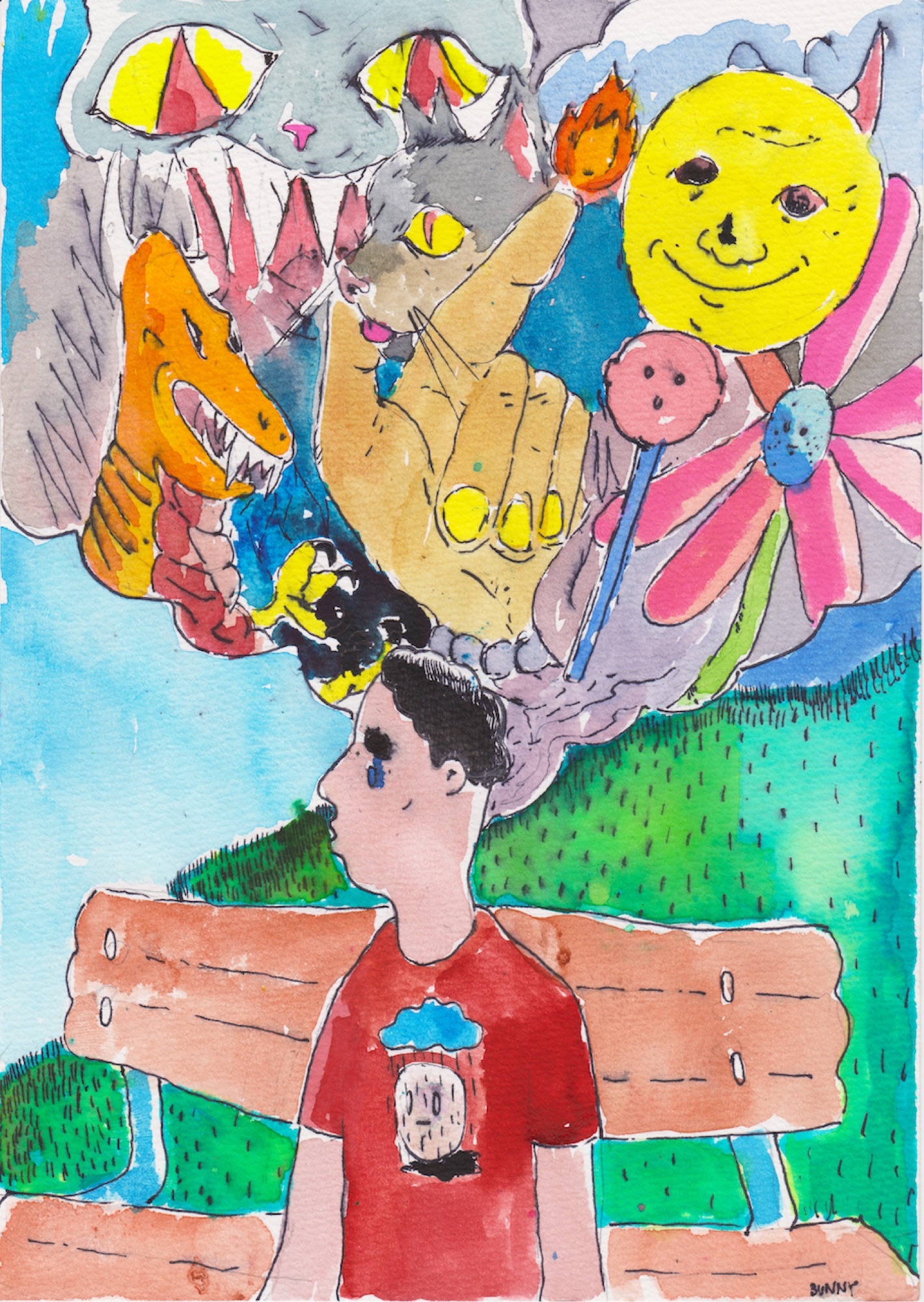 Colorful illustrated figure on a bench with imagined creatures