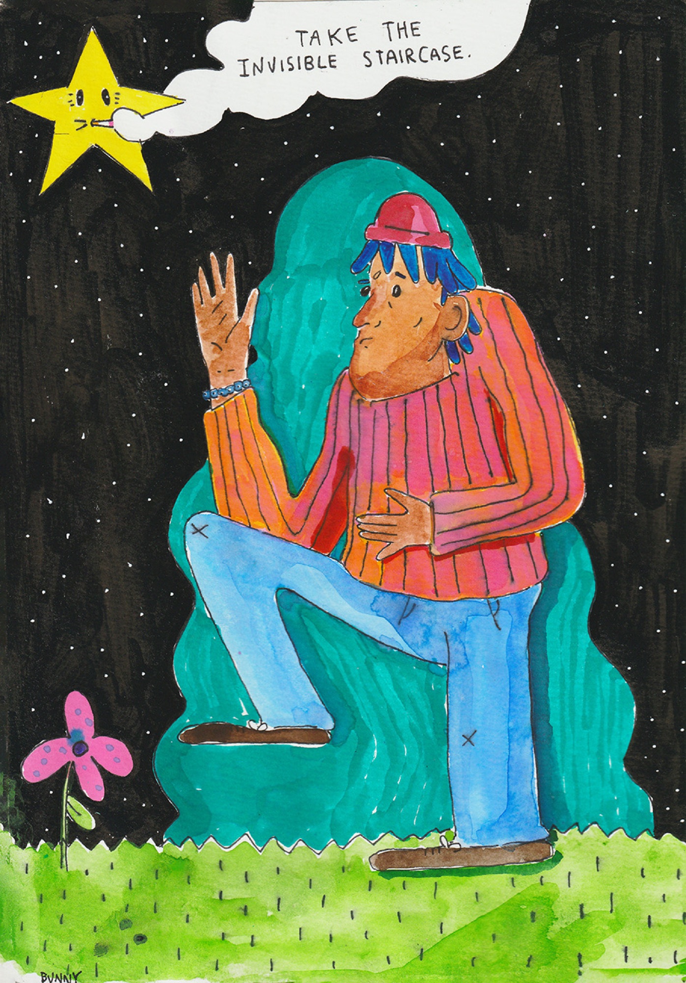 Colorful seated character beneath a talking star by Jason Correia