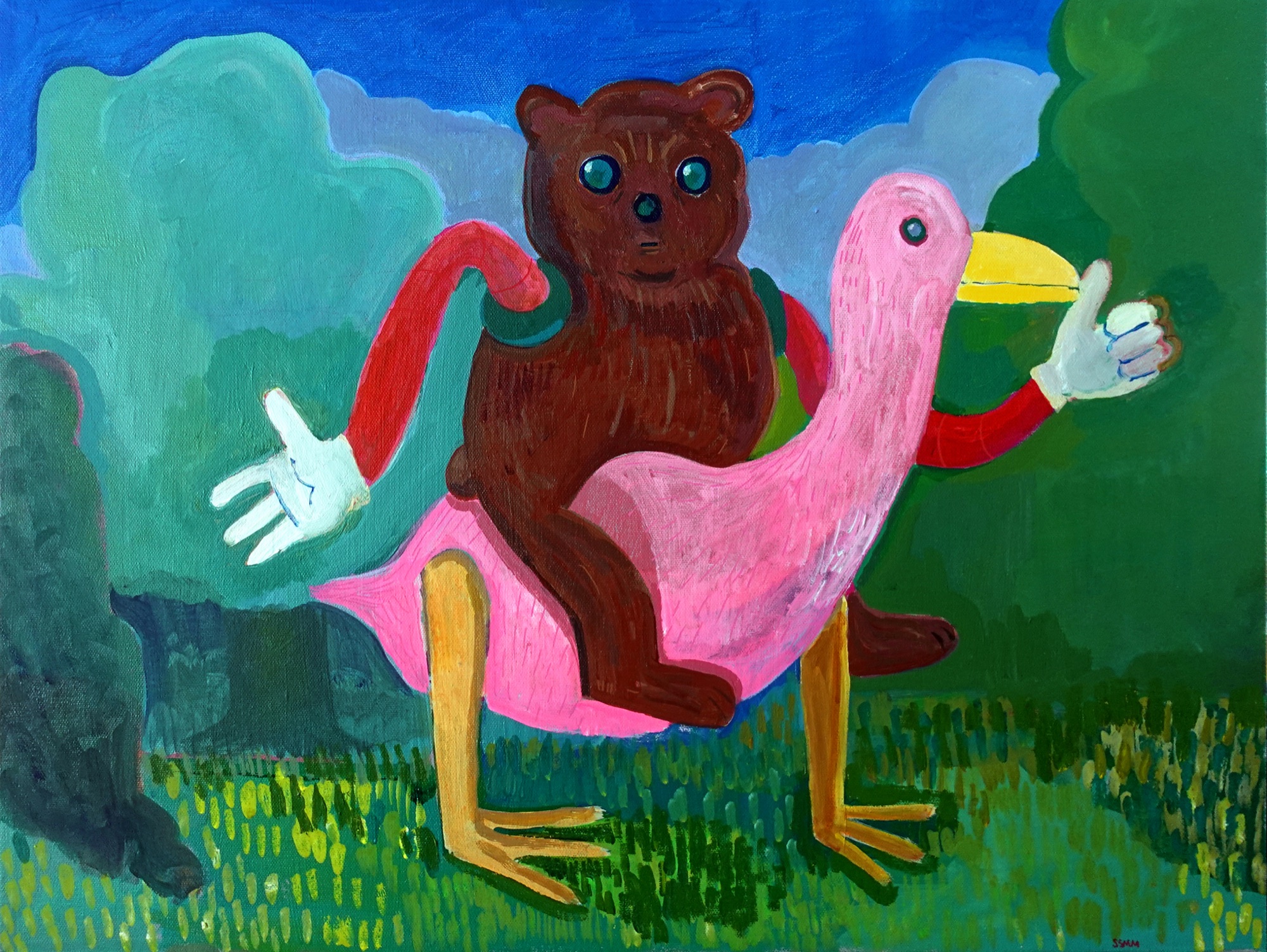 A brown bear riding a large pink bird through a colorful landscape