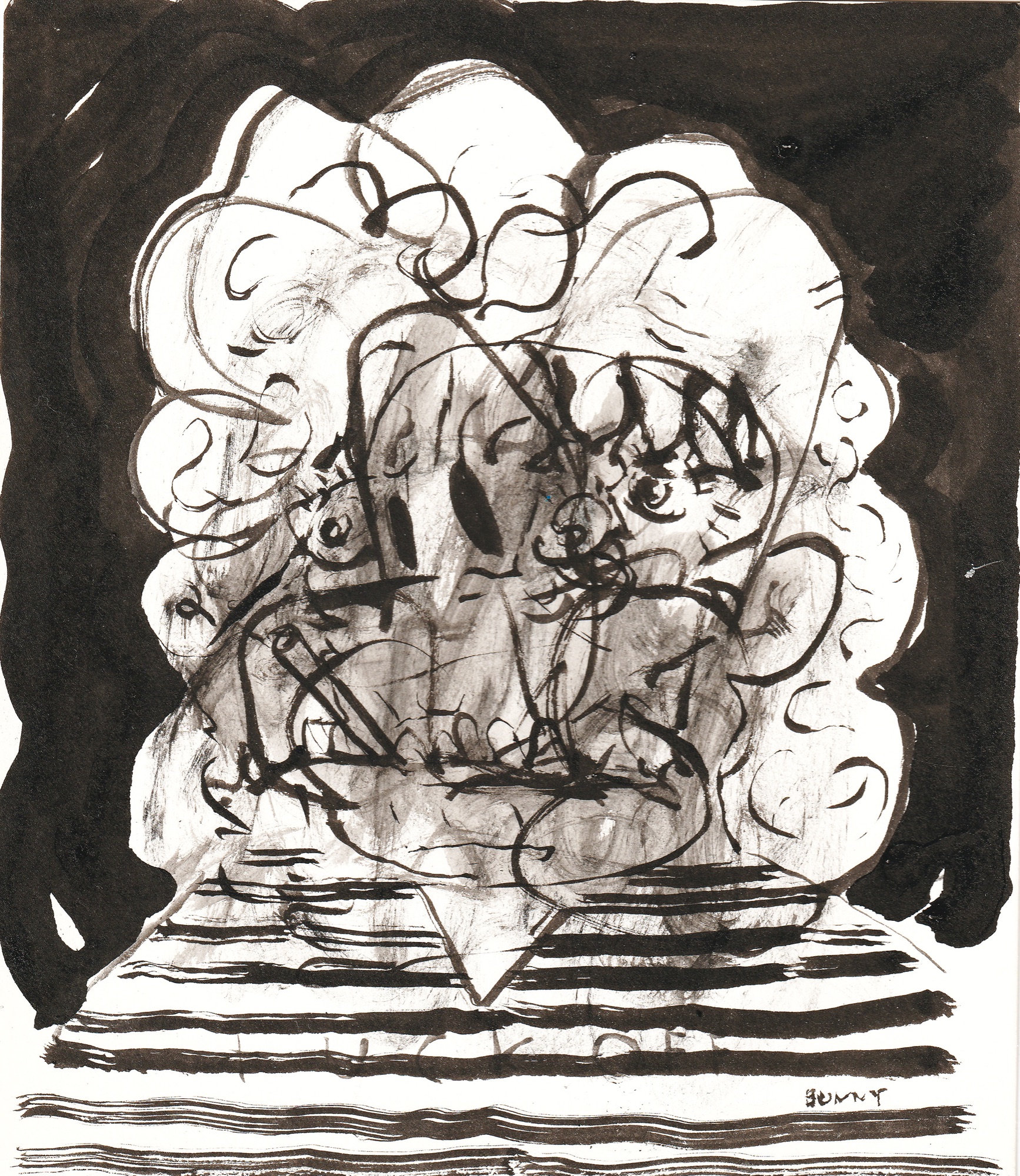 Black-and-white clustered figure drawing