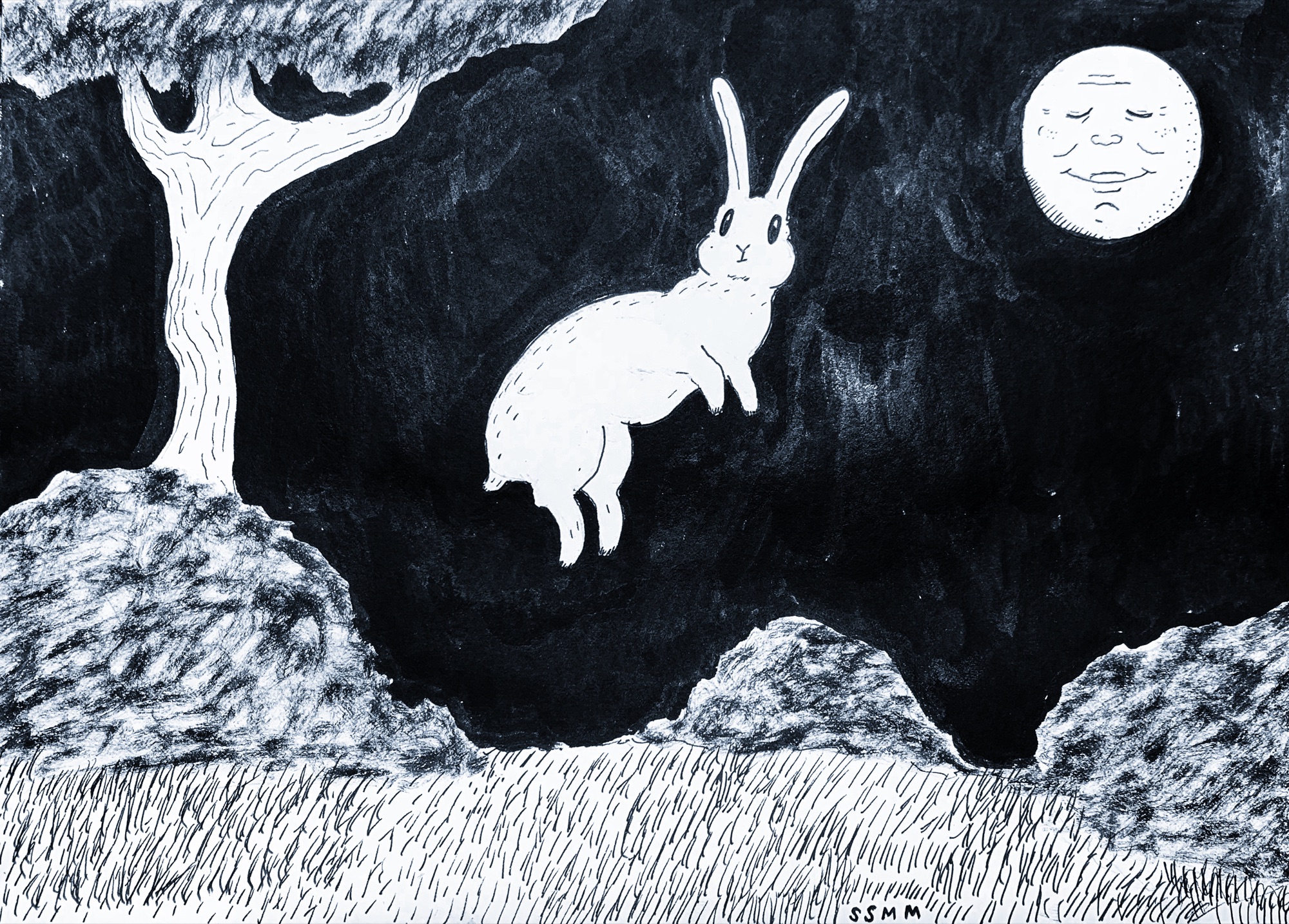 Black-and-white drawing of a rabbit in a moonlit landscape by Jason Correia