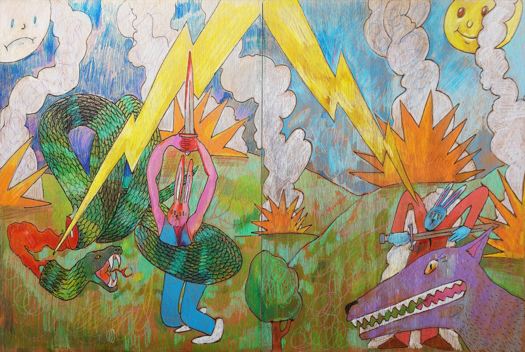 Colorful illustrated battle scene with cartoon creatures by Jason Correia